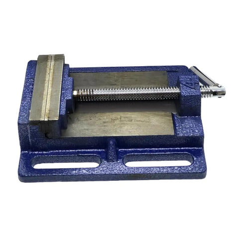 Rock Solid Drill Press Vise With Four Inch Jaw Width and Heavy Duty Clamping Force Grooved Jaws top view of blue cast iron vise.