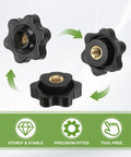 Heavy Duty Plastic Clamping Knob With Brass Core, Screw On Star Knob, M5 Female Thread, Knurled Hex Head, rotating views, black