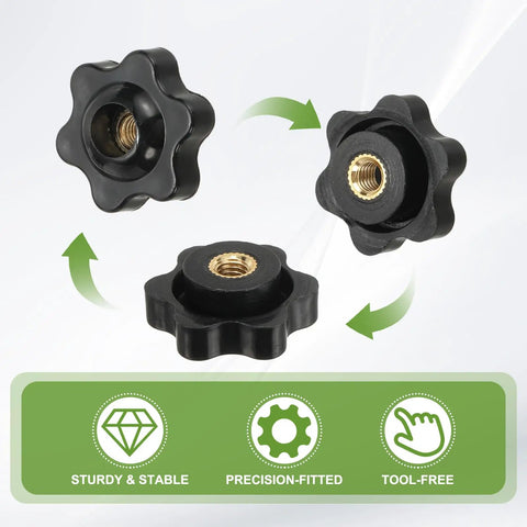 Heavy Duty Plastic Clamping Knob With Brass Core, Screw On Star Knob, M5 Female Thread, Knurled Hex Head, rotating views, black