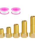 Set of five brass 1/2-inch pipe extension fittings with hex bases (varying lengths) and two pink PTFE tape spools