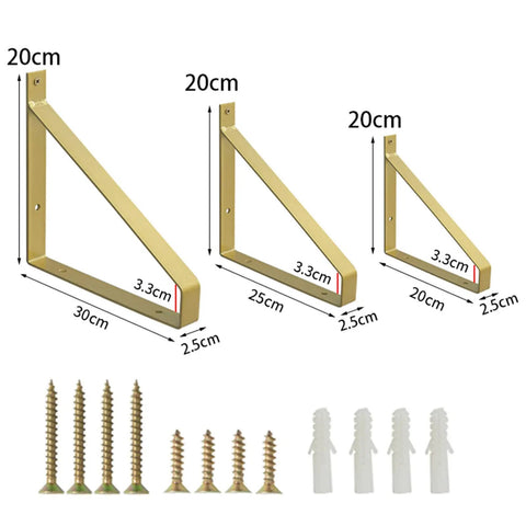 Two Pack Wall Mount Shelf Brackets Featuring Solid Right Angle Design Heavy Duty Metal Iron Build Rust Resistant Finish No Sweat Setup With Included Bolts For Top Shelf Diy Home Upgrades with three sizes and screws.
