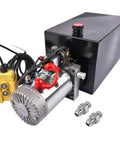 Beefy 12V DC Single Acting Hydraulic Pump Power Unit With 3.75 Gallon Steel Reservoir for Dump Trailers and Trucks, side view.