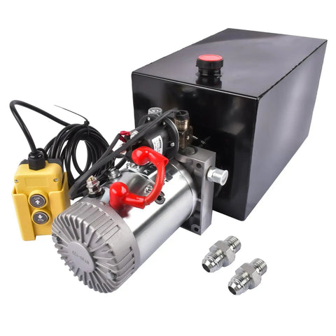 Beefy 12V DC Single Acting Hydraulic Pump Power Unit With 3.75 Gallon Steel Reservoir for Dump Trailers and Trucks, side view.