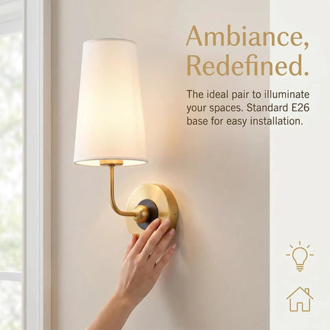 Gold Fabric Shade Wall Sconce Set of 2 - Modern 1-Light Hardwired Brass Wall Lamps with Brushed Gold Finish, hand adjusting light