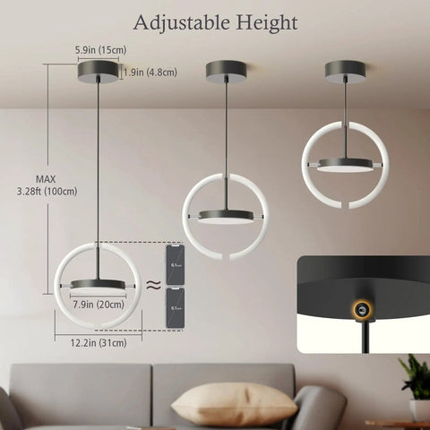 Straight Fire Vibe For Your Home Decor Featuring Fresh Saturn Ring Pendant Light With Remote Dimming And Sleek Black Overhead Ceiling Fixture For Kitchen Or Dining Room. Adjustable height with black and white rings.