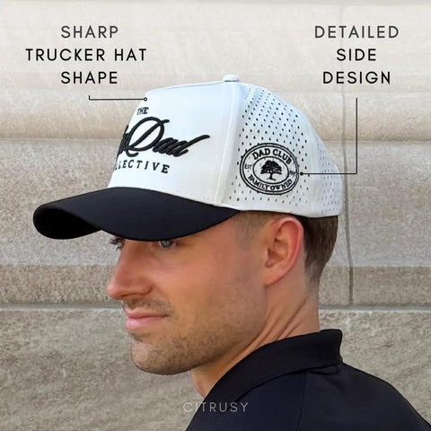 Side view of person wearing Performance Trucker Golf Hat Black For Men And Active Lifestyles Breathable Mesh Water Resistant