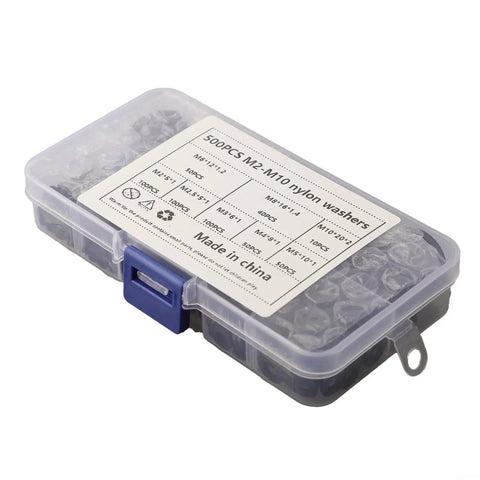 Durable Nylon Washers Assortment Kit 500 Pcs Flat Insulated Corrosion Free M2 To M10 For Industrial Auto And Electrical Repairs Premium Nylon Hardware Set To Keep Screws And Bolts Organized And Protected. Storage box with labeled M2-M10 nylon washers