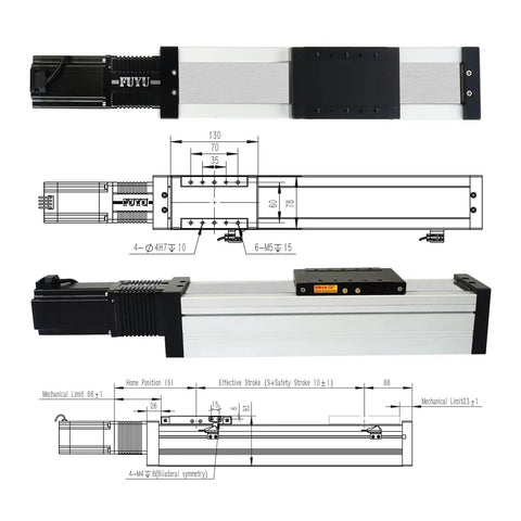 Heavy Duty CNC Linear Stage Actuator With Ball Screw Drive And NEMA24 Stepper Motor detailed view with dimensions for 200MM travel stroke