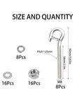 Heavy Duty M8 Stainless Steel Hook Bolts With Nuts, Washers, And Lock Washers, 8 Pack, 304 Stainless Eye Ring, dimensions labeled