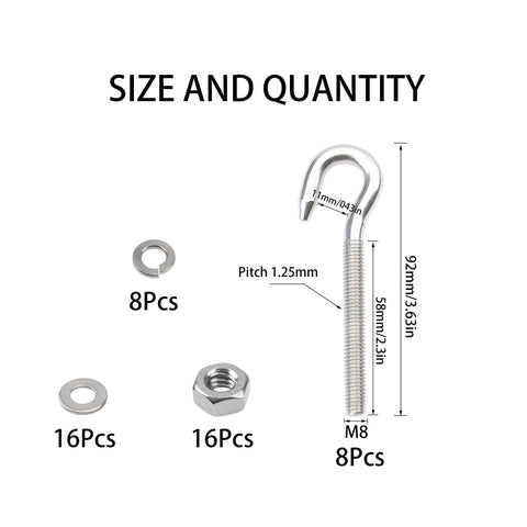 Heavy Duty M8 Stainless Steel Hook Bolts With Nuts, Washers, And Lock Washers, 8 Pack, 304 Stainless Eye Ring, dimensions labeled