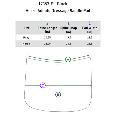 Size chart for Adepto Quilted Quick-Dry Dressage Saddle Pad For Horses With Two-Tone Trim Black Checkered Pattern Quilting