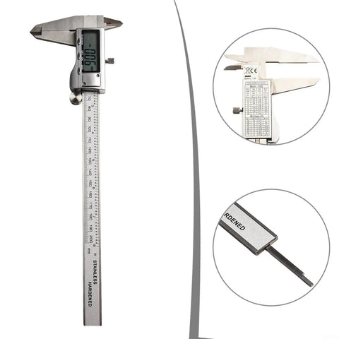 Micpointik Digital Caliper 0-150mm showing stainless steel design, precise display, and detailed measurement scale.