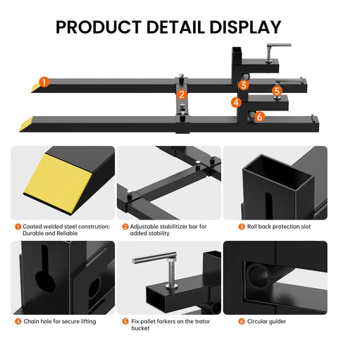 Clamp On Debris Forks For 60 Inch Bucket With 2000 Lbs Capacity Heavy Duty Pallet Forks Attachment product detail diagram