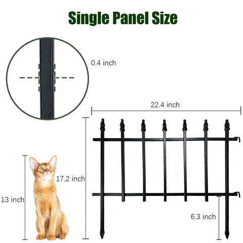 Rustproof Metal Garden Fence Panels 22 Inch Wide 18 Inch High Foldable Border Fence Set Of 5 For Flower Beds And Yard Boundaries 9.17 Feet Total Length Durable Landscape Barrier showing panel size and details with measurements, next to a cat for scale, demonstrating size.