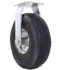 Pair Of Heavy Duty 10 Inch Pneumatic Caster Wheels Featuring Smooth Rolling Ribbed Tires And Ball Bearing Steel Hubs, close-up view.