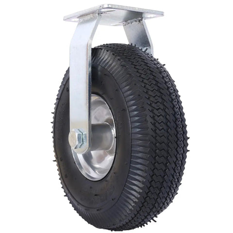 Pair Of Heavy Duty 10 Inch Pneumatic Caster Wheels Featuring Smooth Rolling Ribbed Tires And Ball Bearing Steel Hubs, close-up view.