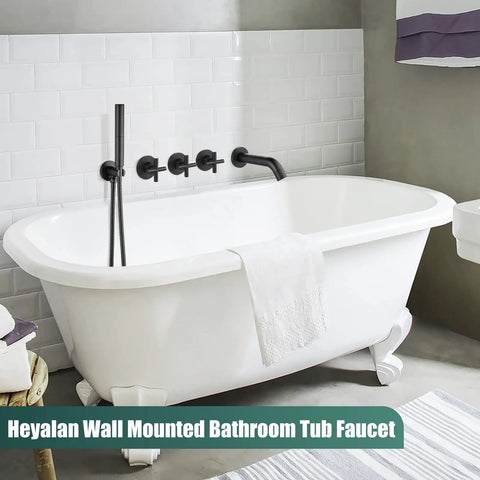 Wall Mount Bathtub Faucet Set With Handheld Shower Wand And Spout, Matte Black Tub Filler With 3 Handle Trim, Dope Dual Function Bath Fixtures