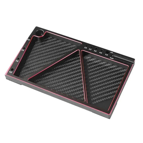 Built Different Carbon Fiber And Steel Multitask Screw Tray For Rc Crawlers Featuring Magnetic Gasket Nut Organizer Upgraded Modify Repair Tool Accessory Kit, carbon fiber tray with compartment design.