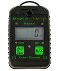 Front view of Sensorcon Industrial CO monitor with green backlit buttons and 0 PPM display