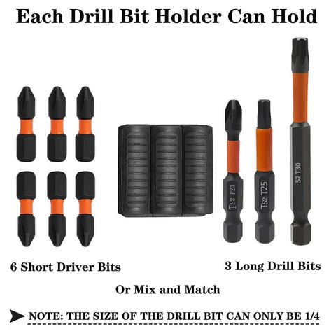 Universal Drill Bit Holder Set For Impact Drivers And Drills Three Piece Sleeve Organizer showing six short and three long bits.