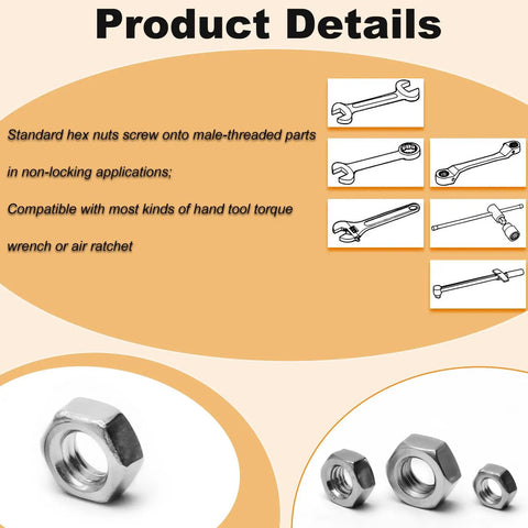 50 Pack M6 Hex Nuts Stainless Steel 304 With Hex Drive Metric M6x1 Threads DIN934 Right Hand Replacement Fasteners details