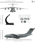 One To One Hundred Scale Y 20 Transport Aircraft Quick Assembly Model Kit Plastic Airplane With Stand No Glue Needed Easy Snap Together Fun Toy For Kids Gift showing front and side view with stand and size dimensions.