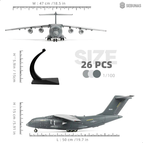 One To One Hundred Scale Y 20 Transport Aircraft Quick Assembly Model Kit Plastic Airplane With Stand No Glue Needed Easy Snap Together Fun Toy For Kids Gift showing front and side view with stand and size dimensions.