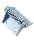 Angled front view of iron self-closing spring hinge with mounting plate for doors