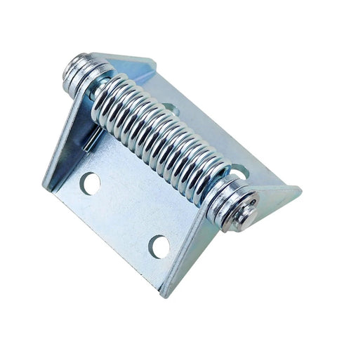 Self-closing door hinge with coil spring; close-up view, silver iron finish, mounting plate.