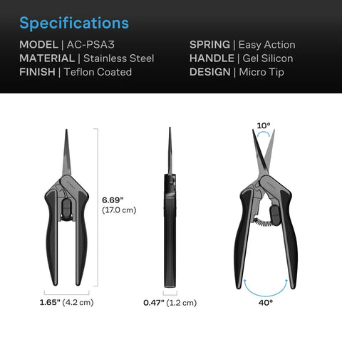 Stainless Steel Micro Tip Pruning Shear With Lightweight Ergonomic Grip Straight Precision Blades Nonstick Teflon Coating For Gardening Hydroponics Grow Tents And Plant Shaping, showing specifications and dimensions.