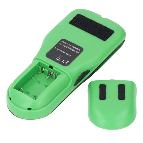 Mingzhe Electronic Stud Finder with Sound Alarm, back view, green color, battery compartment, includes detachable cover.