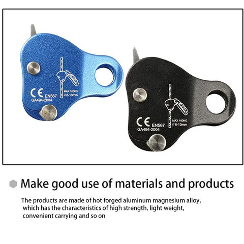 Blue and black Beefy Aluminum Climbing Rope Grab Self Locking Safety Ascender for 8 to 13mm rope, 100kg capacity.