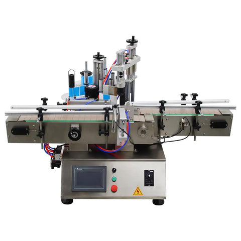 Slick Automatic Desktop Labeler With Heavy Duty Chain Conveyor Fast Track Setup For Round Square Bottles High Throughput Packaging System No Sweat Loading Smooth Labeling For Liquids Lotions And Merchandise 110V with touch screen interface.