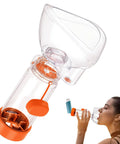 Ultra Portable Inhaler Spacer With Soft Fit Mask For Kids And Adults, Medical Grade, Lightweight, Orange, in use by adult