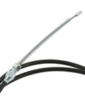 Universal Boss Grade Parking Brake Cable Kit With Reinforced Abs Plastic Handbrake Assembly close-up of black cable with metal end fitting.
