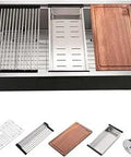 Undermount Kitchen Sink Workstation 25x19 Inch Stainless Steel 16 Gauge Single Bowl Deep Basin With Built In Cutting Board And Drain Grid Brushed Finish For Easy Cleaning with accessories displayed