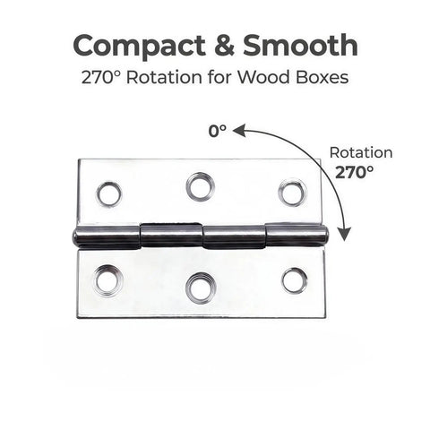 Compact 2.5 inch stainless steel butt hinge with 270 degree rotation for bifold doors, cabinets, small boxes. Rust-resistant hardware.