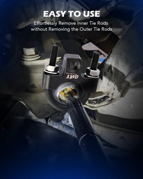 Automotive inner tie rod removal tool, black metal, 3/8 in low-profile, 1/2 in drive installed on steering rack