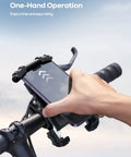 Heavy Duty Motorcycle Mount and Bike Phone Holder with One Hand Lock That Eats up Bumps Case Safe Shake Proof Shock Resistant Grip with phone being mounted.