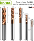 Sisona five-piece end mills set, front view, inch sizes (3/8, 5/16, 1/4, 3/16, 1/8); carbide, TISIN coated