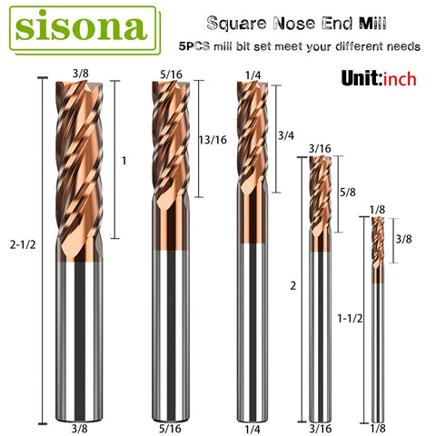 Sisona five-piece end mills set, front view, inch sizes (3/8, 5/16, 1/4, 3/16, 1/8); carbide, TISIN coated