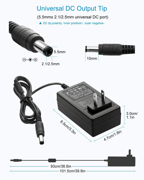 12V DC Power Supply 3A Universal AC Adapter 100-240V Input 50-60Hz To 12V Output Power Brick For LED Strip Lights CCTV Cameras PC Monitors And More With 5.5mm x 2.5mm Or 2.1mm DC Connector, showing 5.5x2.5mm tip and 8.5cm adapter