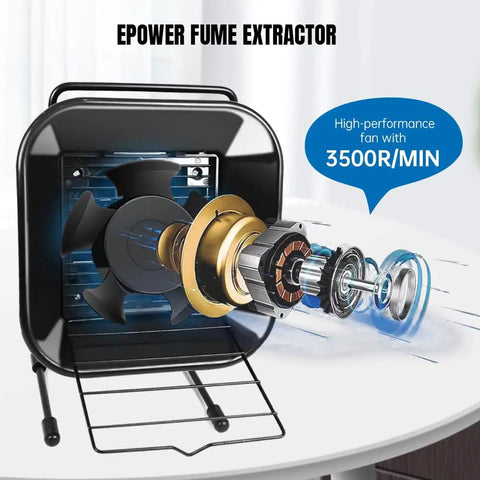 Exploded view of Beefed Up Pro Grade Solder Fume Extractor with 3500 RPM quiet fan and airflow; filter components visible.