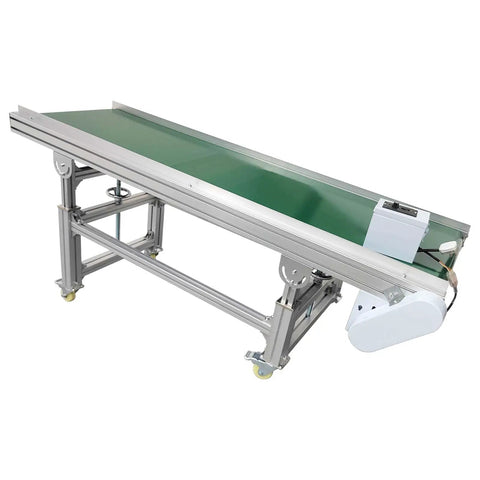 Heavy Duty 110V PVC Belt Conveyor On Wheels With Double Baffle, 70.9 Inch Long And 19.7 Inch Wide Flat Belt System, Anti Static, Adjustable Speed Control For Industrial Transport shown from a side angle.