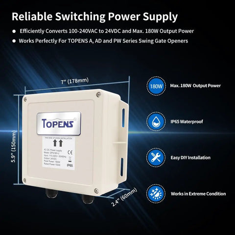 DPS180-U AC-DC Power Supply Adapter 100-240V To 24V DC 150W Weatherproof Transformer with specifications on dark background