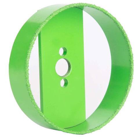 Carbide hole saw, 4-1/8 inch, green edge, for cutting plaster and drywall in ceilings.