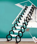 Heavy Duty Remote Control Electric Attic Ladder with wide tread steps and remote control access mounted in ceiling hatch.