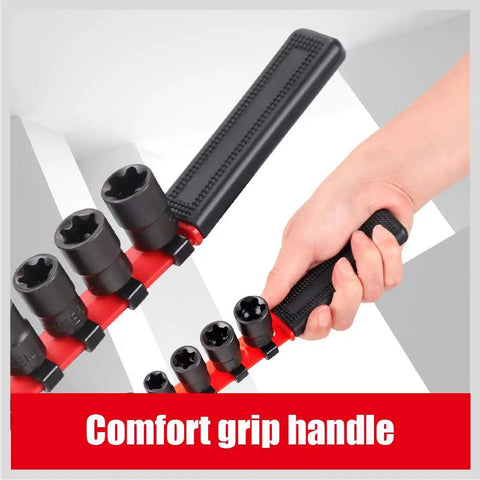 11-Piece E-Torx Socket Set With Rail And Organizer showing comfort grip handle and external sockets on red rail