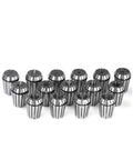 Top Tiers Spring Collet Set ER20 ER25 ER32 ER40 With ChuckMorse MTB Holders For Pro CNC Milling High Precision AA Grade 0.008mm Runout And Killer Grip Power Tool Fitment - 15 high precision alloy steel collets arranged.
