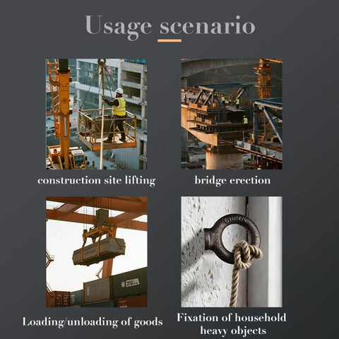Usage scenarios for Two Pack Eyebolt Set Go-To Heavy Duty Lifting Shoulder Eyebolts 1/2-13 Threads By 1-1/2 Inch Length Forged And Tempered Industrial Grade Working Load Limit 2600 Lbs Built Tough For Rigging And Hoisting Meets ASME B18.15 And B30.26 ISO 9001, showing applications in construction, bridge erection, and load handling.